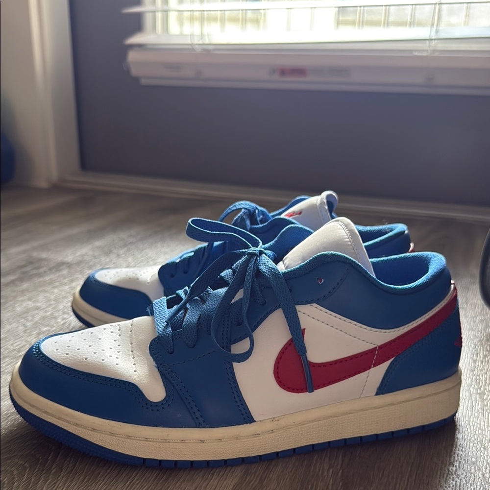 Jordan Blue and Red Athletic Shoes with Classic Design